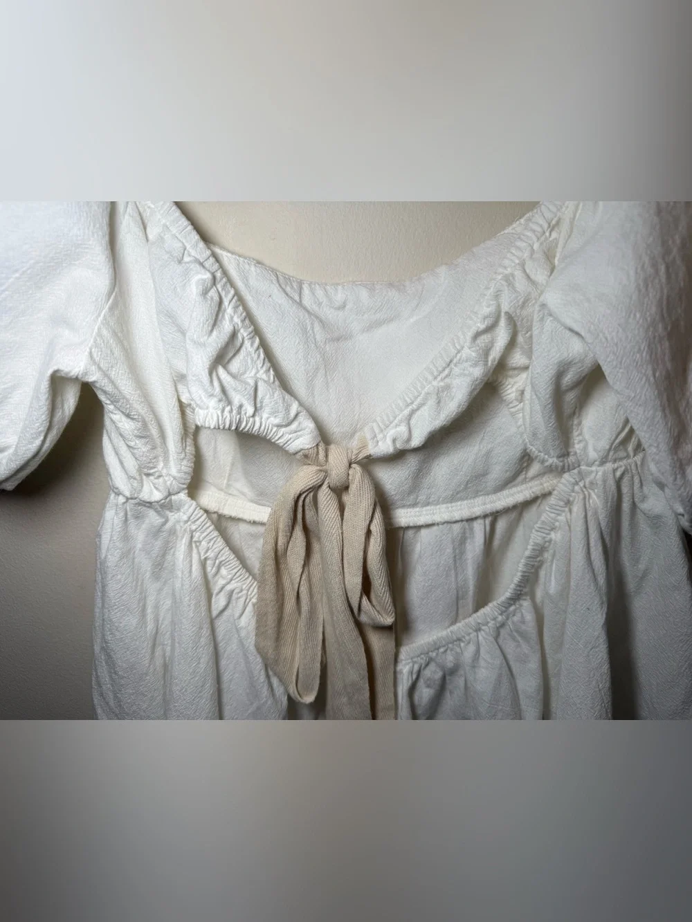 Free People White Cotton Babydoll Blouse NWT Medium Puff Sleeves Open Tie Back